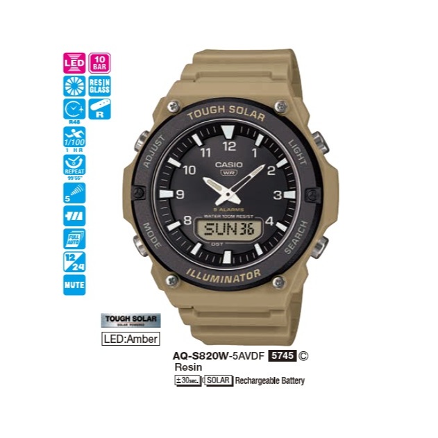 Casio นาฬิกาข้อมือผู้ชาย รุ่น AQ-S820W-1AVDF / AQ-S820W-3BVDF / AQ-S820W-5AVDF Solar Men's Watch ( พลังงานแสงอาทิตย์ ) - รูปที่ 5