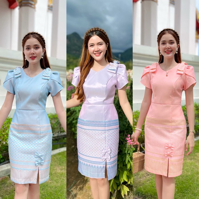 #เดรสผ้าทออัดกาว เนื้อไหม ลายการบิน กระโปรงผ่าหน้า
