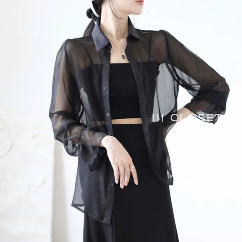 เสื้อเชิ้ต lll Freesize lll CF024 เสื้อคลุม คอปก แขนยาว กระดุมหน้า ปลายแขนระบาย ผ้าชีฟองเนื้อทราย ผ้าดี ใส่สบาย