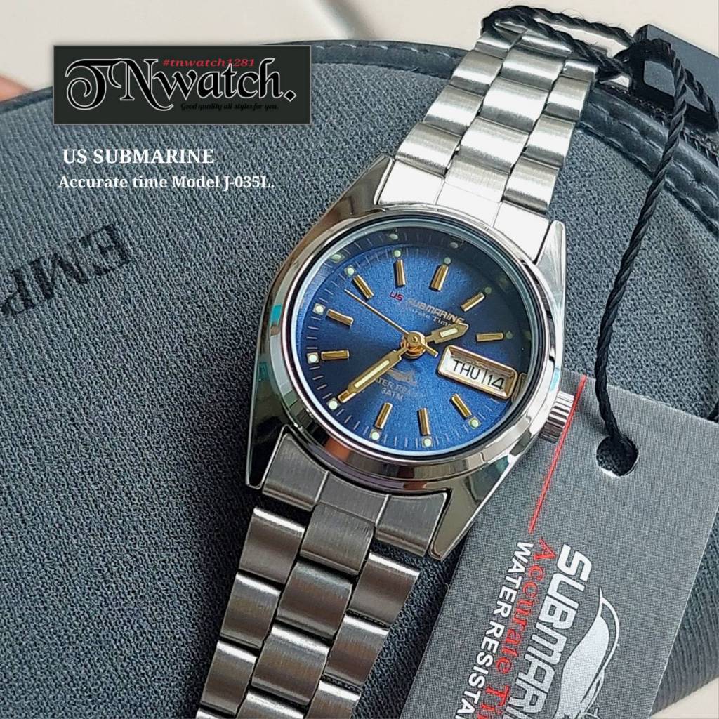 US SUBMARINE รุ่น J-035LD นาฬิกาผู้หญิง นาฬิกาข้อมือ นาฬิกาควอทซ์ มีวันที่ กันน้ำ สายเงิน หน้าปัดสีน้ำเงิน และสีอื่นๆ