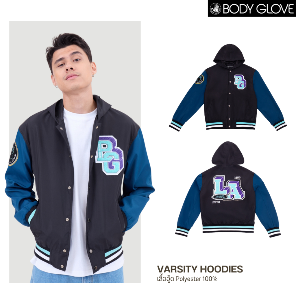 BODY GLOVE BASIC Varsity Hoodies Fall 2024 เสื้อฮู้ด สีดำ-แขนน้ำเงิน