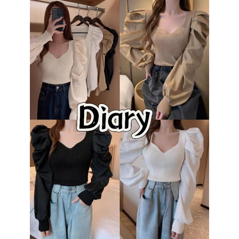 diary(5786)เสื้อเชิ้ตเสื้อยืดคอวี แขนยาว แขนตุ๊กตา รัดรูป ทรงสวย สาวสวยสาวน่ารักเรียบร้อย