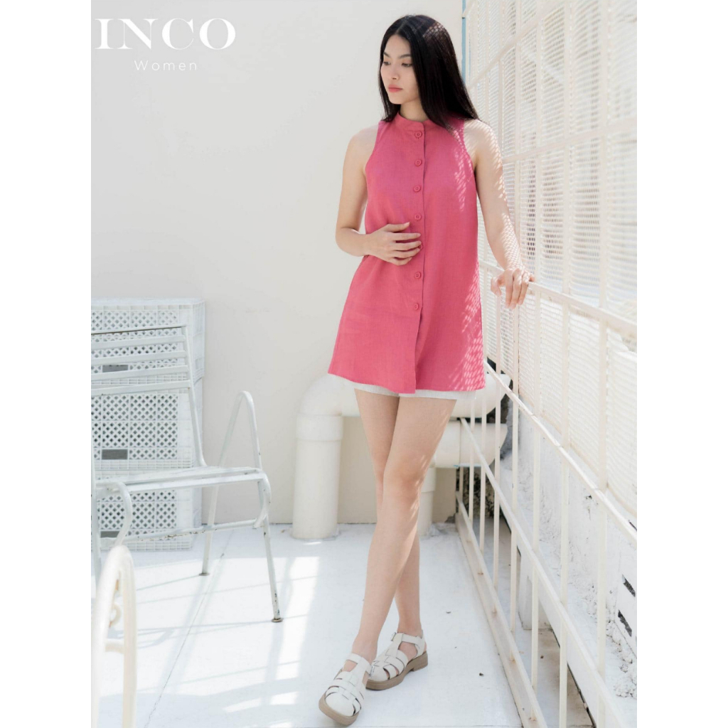 INCO WOMEN เสื้อลินินแขนกุด เสื้อคอจีน กระเป๋าเจาะ