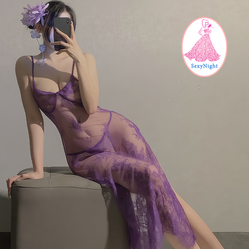 SexyNight 💞💞 ชุดนอนเซ็กซี่ ชุดกี่เพ้า ช่องผ่าสูง ลูกไม้ สีม่วง  บางและโปร่งใส  ล่อ ราคาถูก พร้อมส่งจากไทย