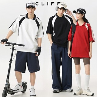 CLIFF เสื้อโปโล เสื้อยืดแขนสั้น สไตล์อเมริกันวินเทจ ปกพับสีตัดกัน ชุดคู่รัก