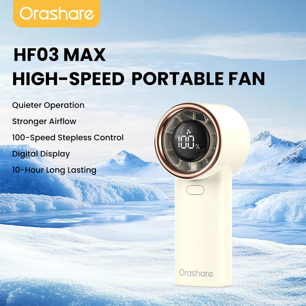Orashare HF03MAX พัดลมพกพาทํางานเงียบ น้ำหนักเบา ขนาดเล็ก พกพาสะดวก ลมอ่อนห้าระดับพัดลมมือถือพร้อมจอแสดงผล LED