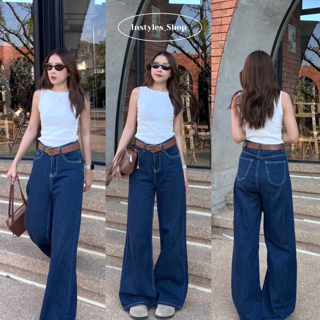 Instyles_Shop -Basic Baggy Jeans กางเกงยีนส์ขากระบอกใหญ่ สไตล์Baggy สียีนส์เข้มเบสิค ไม่แต่งฟอก อำพรางหุ่นดีมาก
