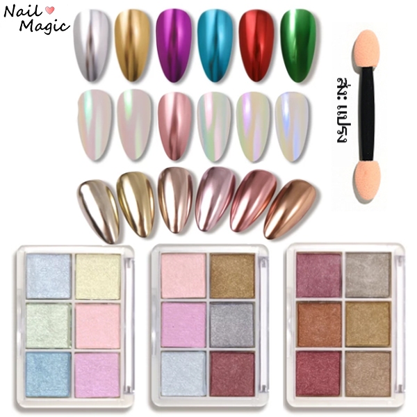 ผงกระจก ผงขัดเล็บ ผงประกายฮอโลแกรม 6 ช่อง พร้อมแปรงฟองน้ํา  ต่อกล่อง สําหรับตกแต่งเล็บ DIY