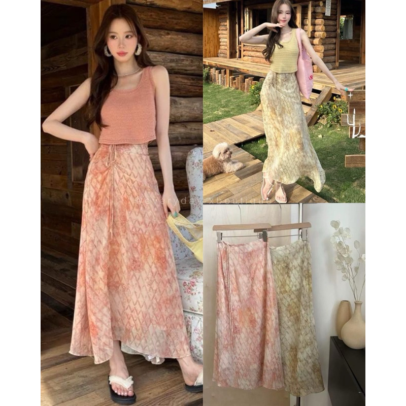 25411💕 NEW ARRIVAL 💕Chiffon Side Details Maxi Skirt (490฿) กระโปรงชีฟองทรงหางปลาพิมลายมีเชือกรูดหน้า ซับทั้งตัว studiox2