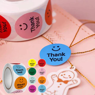 สติกเกอร์รูปยิ้มหลายสี สติกเกอร์ Thank you มินิมอล 1 ม้วน 500 ดวง พร้อมส่ง สติกเกอร์ ติดเเก้วน้ำ