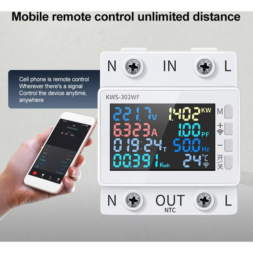 KWS-302WFเครื่องวัดพลังงาน 170-300V/63A 8-in-1 หน้าจอสีมัลติฟังก์ชั่นแหล่งจ่ายไฟ AC โวลต์มิเตอร์ พร้