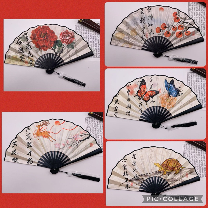 พัดจีนมงคล พู่กันจีน ลายเต่า/กวาง/ผีเสื้อ ภาพวาดจีนโบราณ ใช้ประดับ/ของขวัญเสริมดวง เสริมฮวงจุ้ย - รูปที่ 2