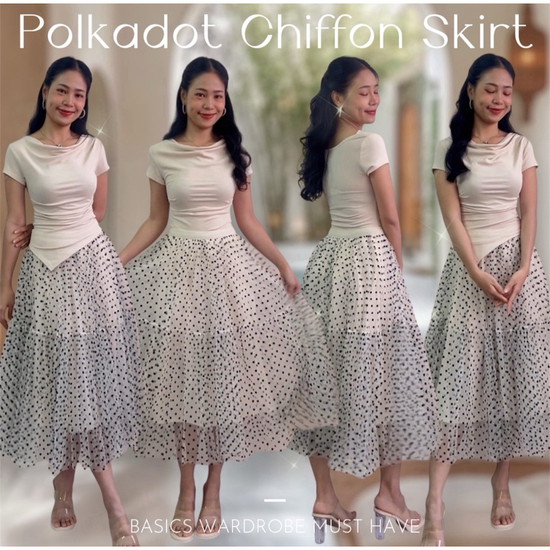 Polkadot chiffon midi skirt กระโปรงยาวคลุมเข่าทรงสุ่ม ดีเทลลายจุด มี5สี