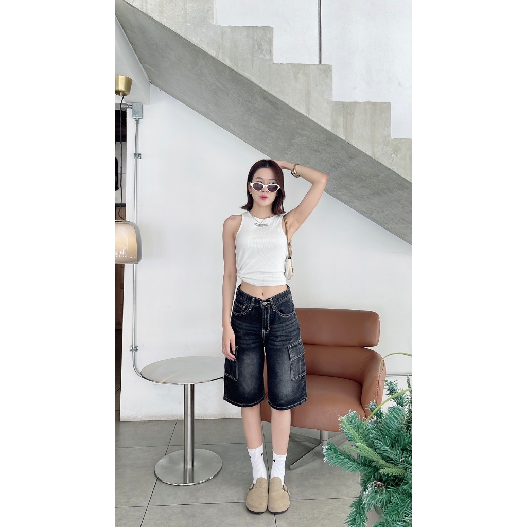 Lda jeans Cargo Jeans L.523 ดำฟอกยีนส์5ส่วนคาร์โก้