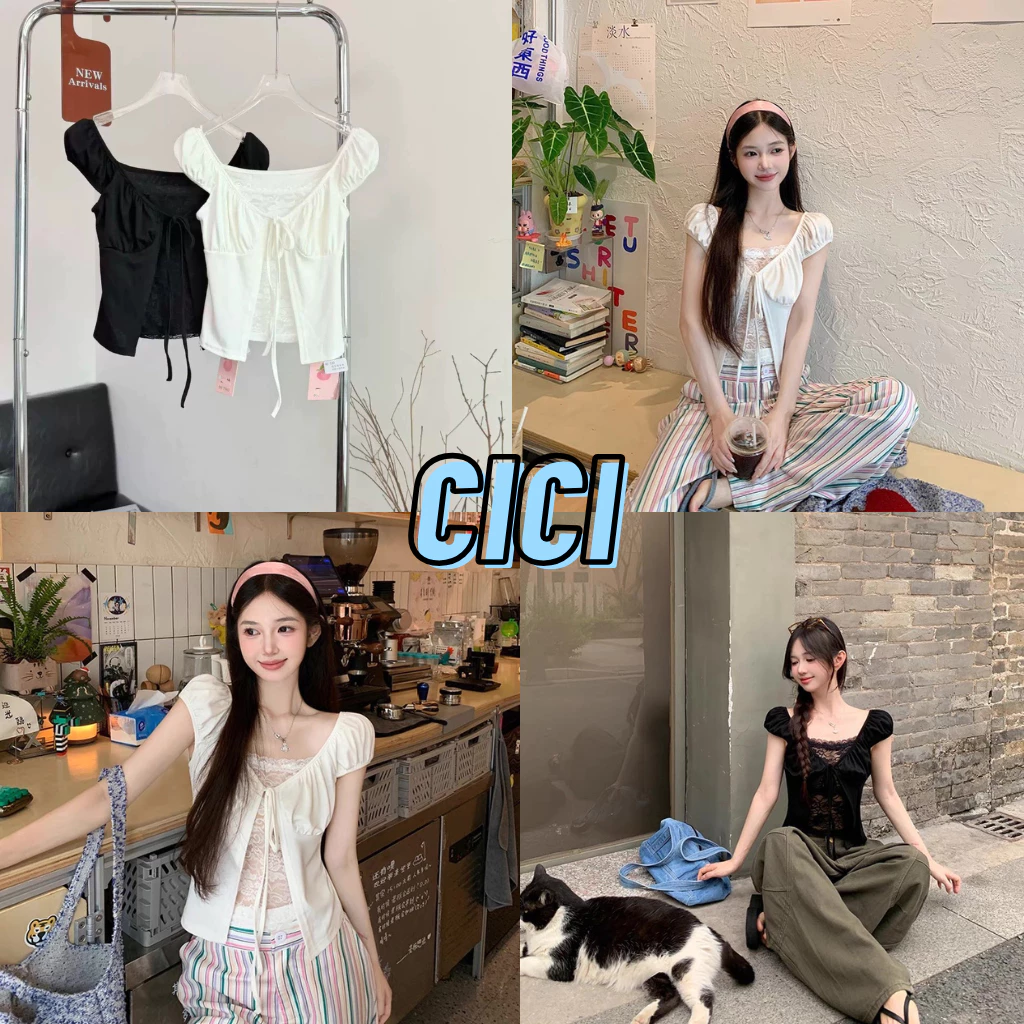 ส่งทันที Cici(NO. J2106) เสื้อแขนตุ๊กตา ดีเทลมีลูกไม้ด้านใน ผ้าเรอยน ผูกโบว์ด้านหน้า สไตล์สาวตัวเล็กน่ารักคิขุ
