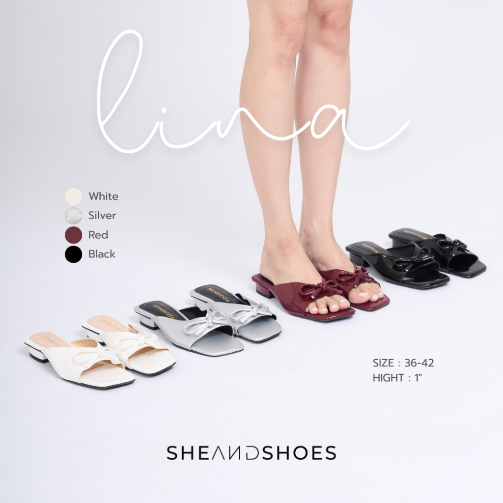 🚗 ส่งด่วน กทม - Lina รองเท้าส้นสูง 1 นิ้ว [Sz.36 - 42] แต่งหน้าโบว์ หนังแก้ว