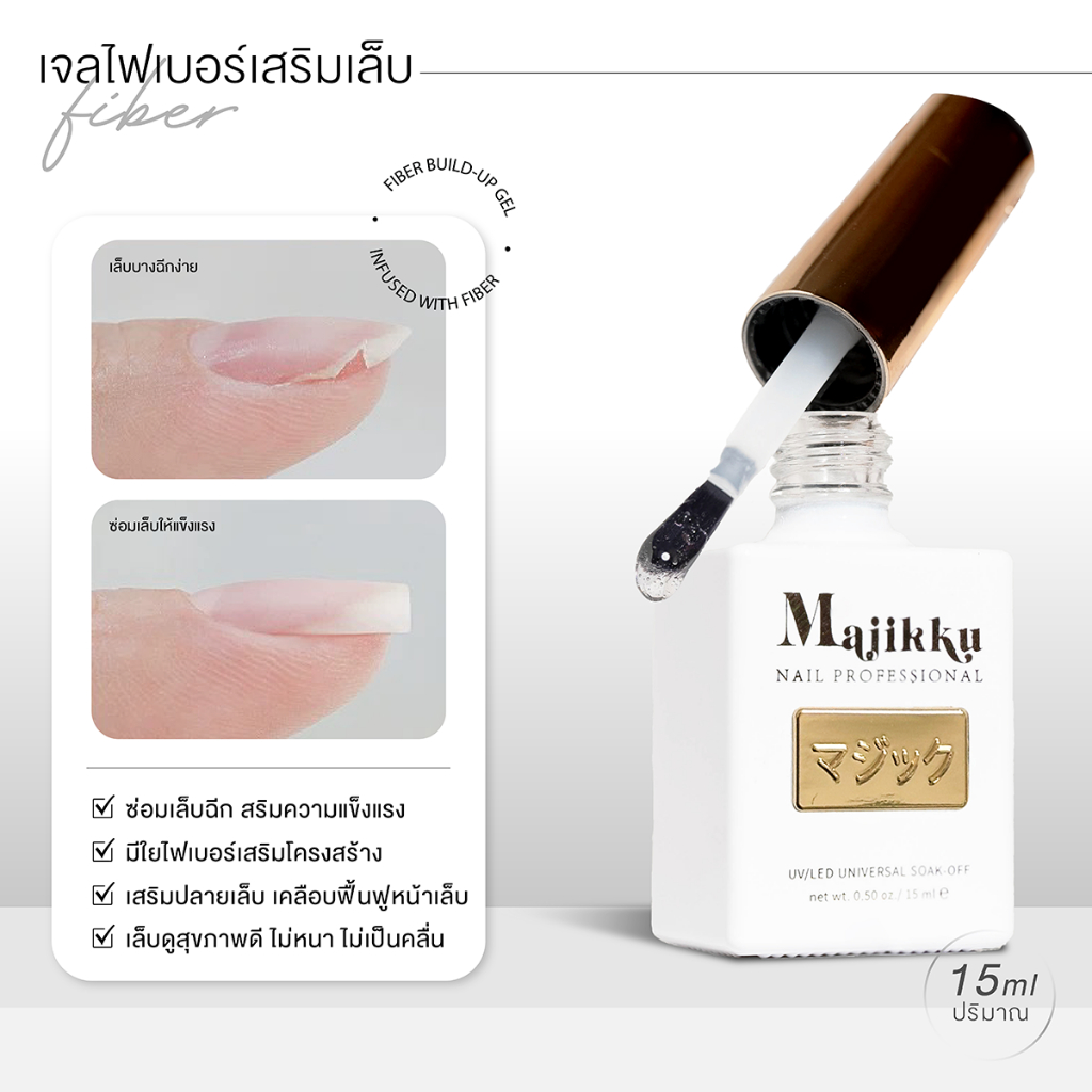 เจลไฟเบอร์ เสริมเล็บ Majikku มีใยไฟเบอร์ ซ่อมเล็บฉีก เสริมความแข็งแรง ต่อเล็บธรรมชาติ Fiber Build-Up Gel