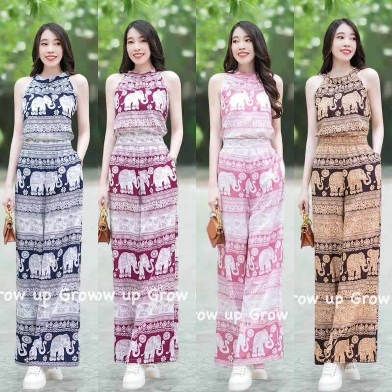 TT20597 set 2 ชิ้นเสื้อแขนกุด ลายช้าง  กางเกงขายาวลายช้าง กางเกงช้าง
