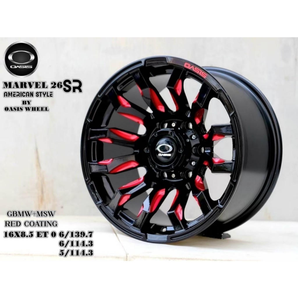 แม็กซ์ OASIS MARVEL 26 SR 16x8.5 ET0 รองรับ 3 รู: 6x139.7 / 6x114.3 / 5x114.3 สีดำเงาตัดแดง (Red Coa
