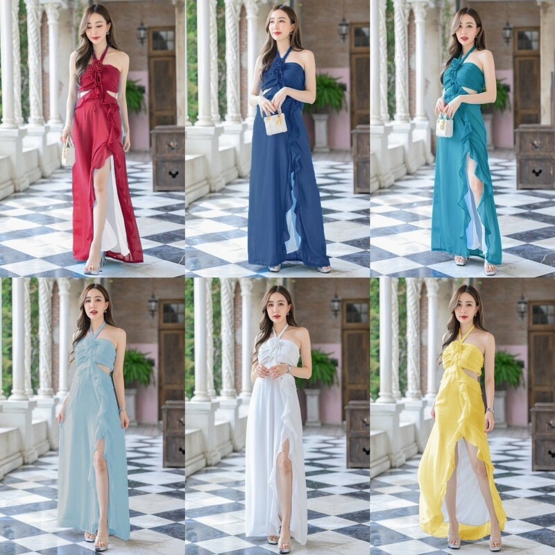 TT20761 เดรสชีฟอง แต่งกุหลาบสายคล้อง