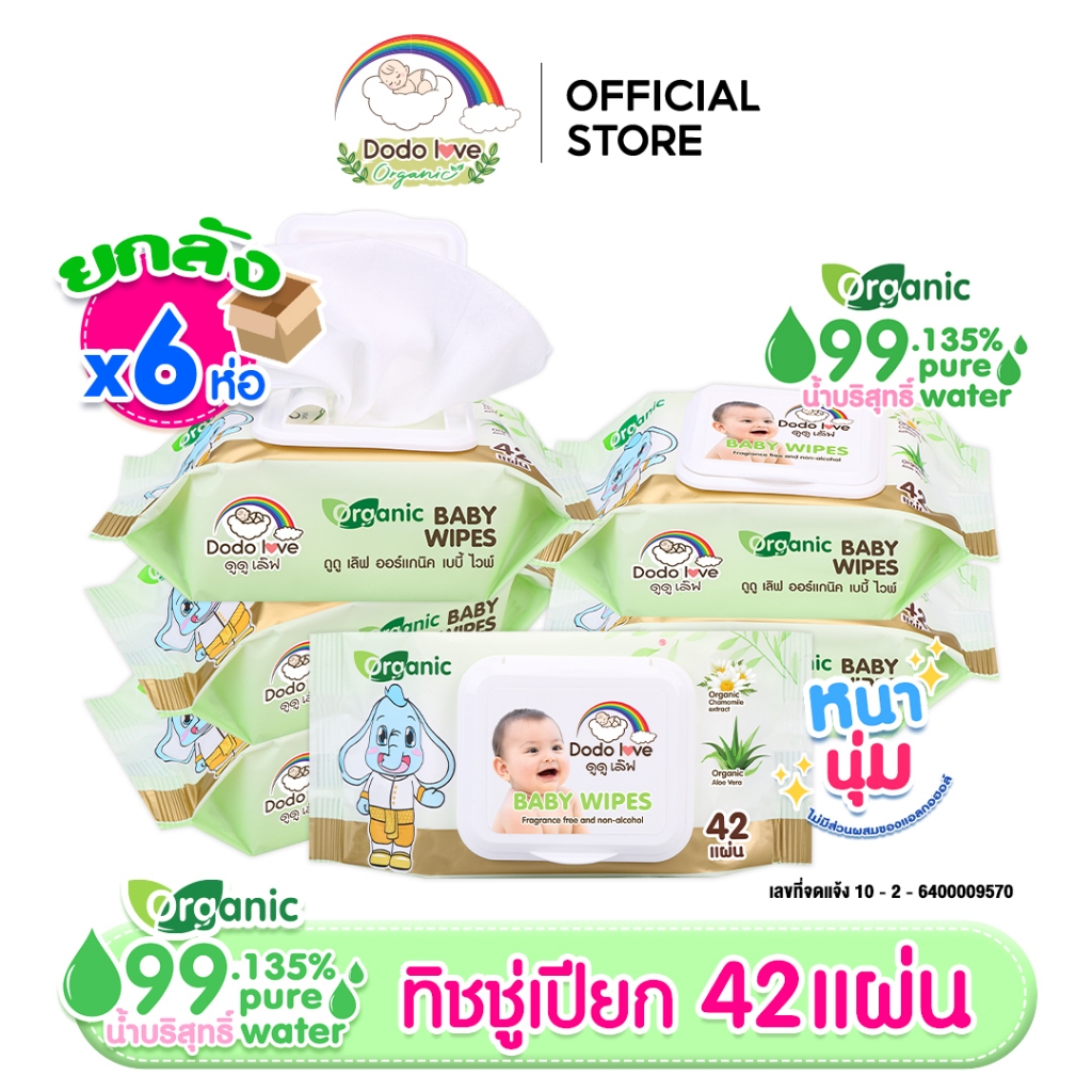 [แพ็ค 6 ห่อ ขนาดพกพา]DODOLOVE Organic ทิชชู่ ทิชชู่เปียก ออร์แกนิก เช็ดทำความสะอาด เด็กแรกเกิดใช้ได้