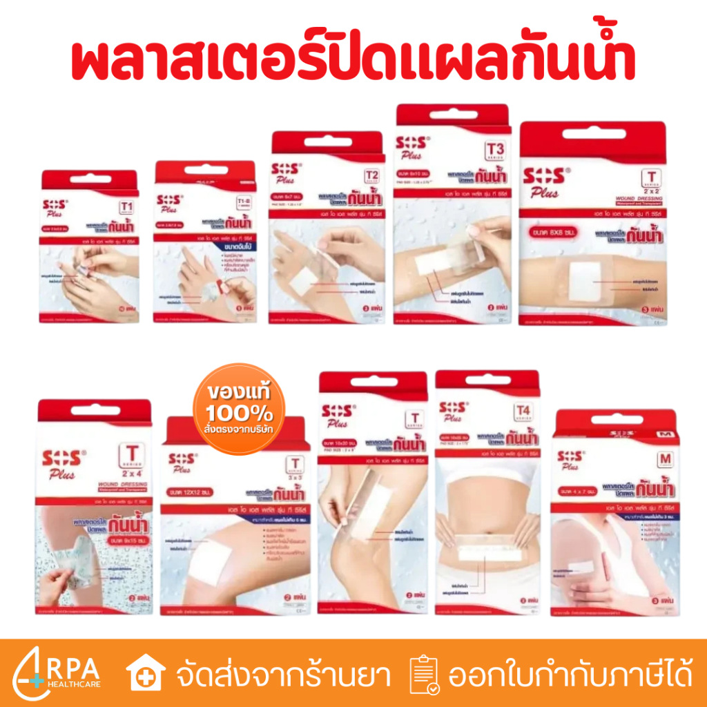 [ส่งด่วน,แท้] พลาสเตอร์ใสกันน้ำ SOS Plus T1 T2 T3 T4 2X2 2X4 S มินิ PU ปิดแผล พลาสเตอร์ฟิล์มใส