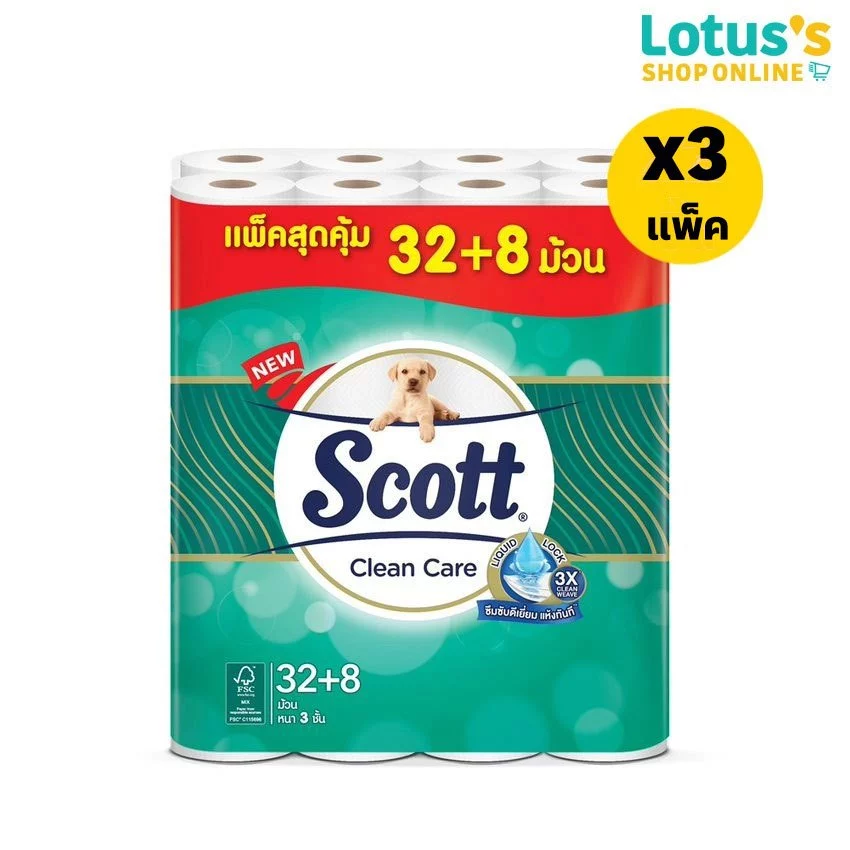 [ทั้งหมด 3 แพ็ค] สก๊อตต์ คลีนแคร์ กระดาษชำระ หนา 3 ชั้น แพ็ค 32+8 ม้วน SCOTT CLEAN CARE 32+8 ROLLS