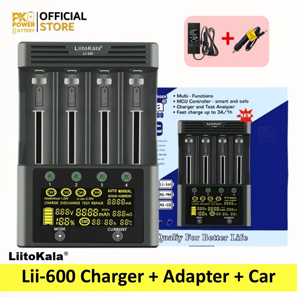 LiitoKala Lii-600  เครื่องชาร์จแบตเตอรี่ 4 ช่อง + อะแดปเตอร์ + สายชาร์จในรถ