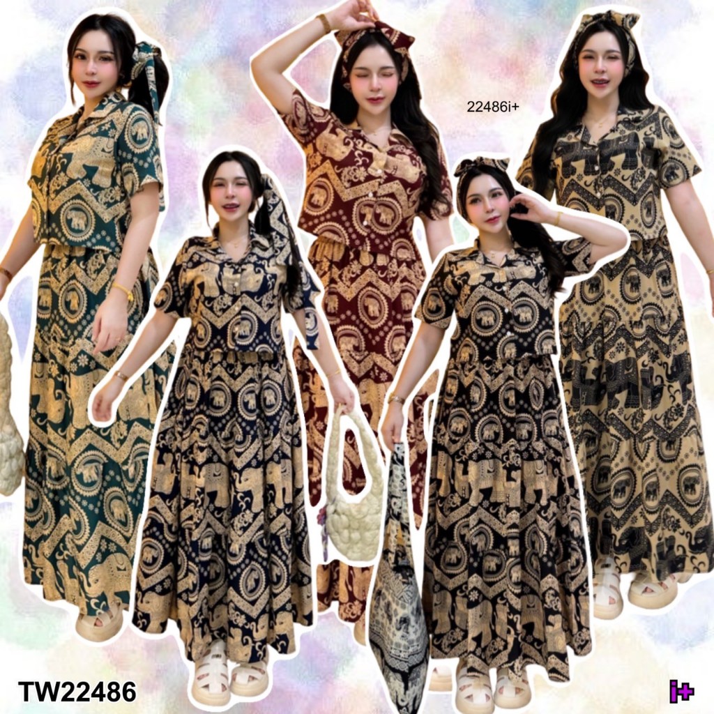 Set 3 ชิ้น เสื้อเชิ้ตครอป ช้าง + กระโปรงช้าง กับสายโบว์ TT22486