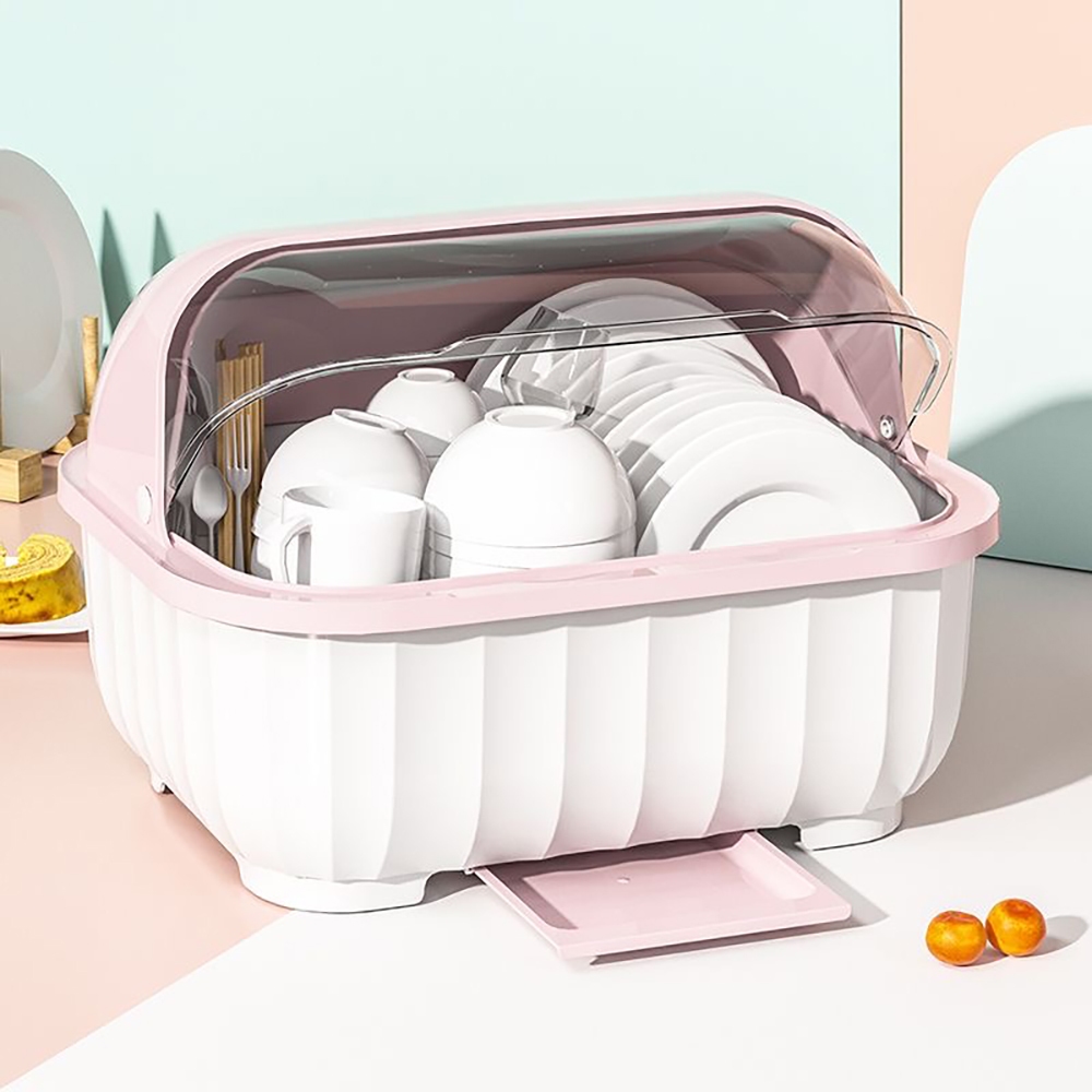 ที่คว่ำจานทรงโค้งมน (มีฝาปิด) กันฝุ่นละออง กันแมลง พลาสติก กล่องเก็บจาน ที่คว่ำจานมีฝาปิด มีฐานรองน้ำ ทรงโค้งมน