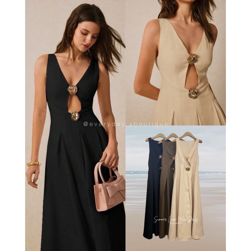 25🐚🪸 New Arrival 🐚🪸STUDIOX2 SUMMER SEASHELL LINEN MAXI DRESS (SMLXLXXL 590฿) เดรสลินินฝ้าย คอวี ดีเท
