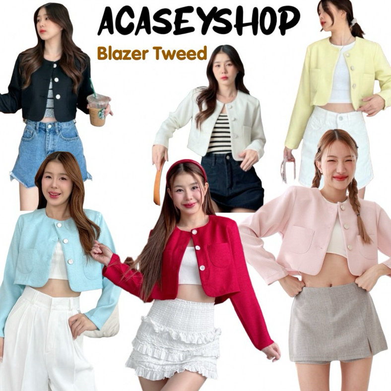 Acasey เสื้อสูทผู้หญิง Blazer Crop Tweed เสื้อคลุมทวิตแขนยาว สีพาสเทล น่ารักตะมุตะมิ