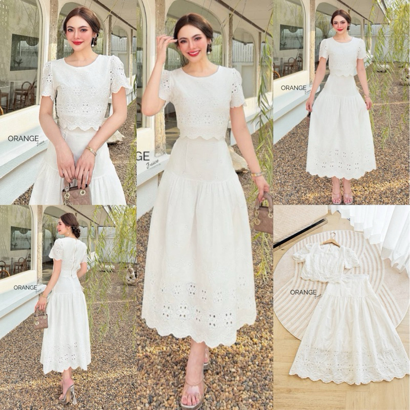 🧡พร้อมส่ง S-4XL🧡ป้าย Orange Juice💕Set เสื้อ กระโปรง ฉลุ ผ้าคอตตอน สีขาว ชุดงานบุญ