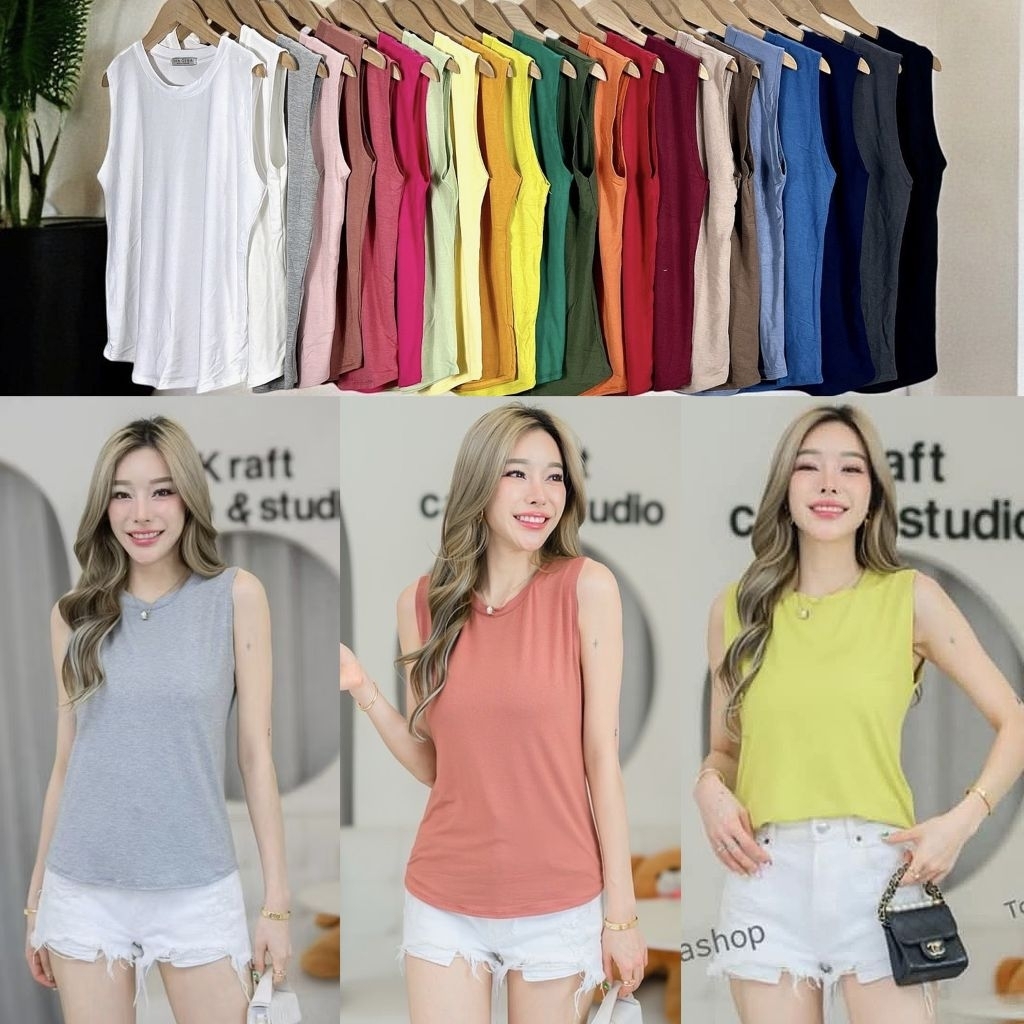 เสื้อแขนกุดคอกลมทรงโอเวอร์ไซส์ ทรงปล่อยๆ งานเท่ห์ๆ ได้ลุคเก๋ๆเฟียสๆ ใส่แมทกับกางเกงอะไรก็เข้ากันได้ ผ้ายืดหยุ่นนิ่มเด้ง