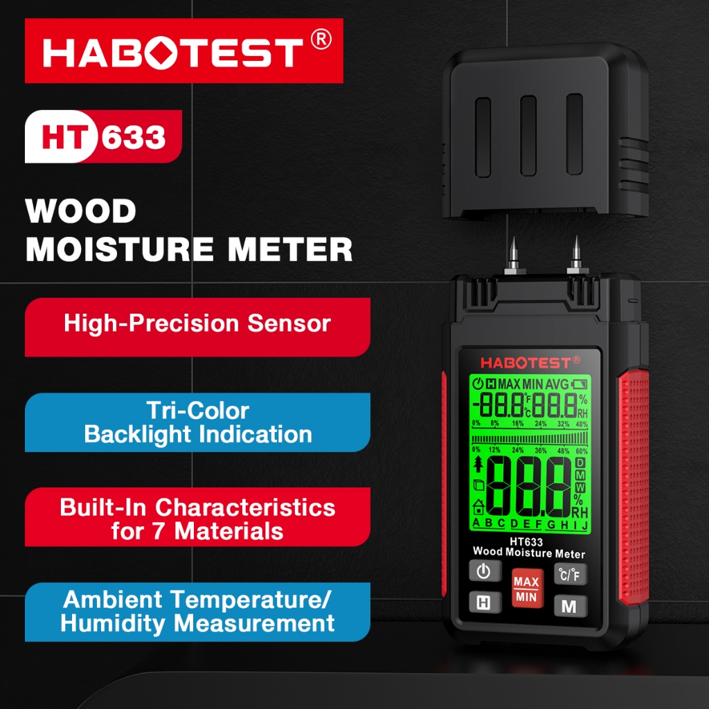 HABOTEST HT633 เครื่องวัดความชื้นแบบหัวเข็ม (ผนัง, ไม้, กล่องลัง) Moisture Tester ‼️ แถมฟรีถ่านพร้อมใช้