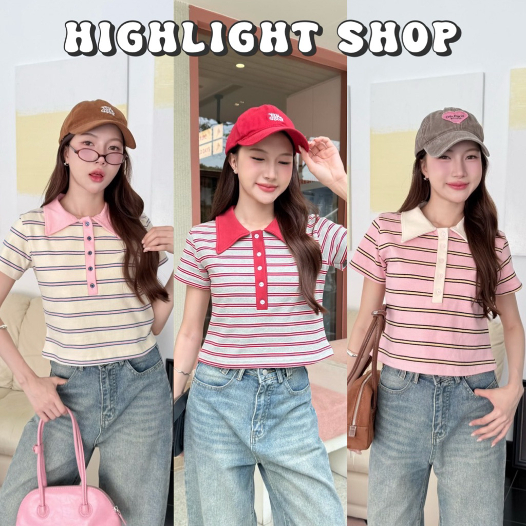 K39 เสื้อครอปโปโลลายริ้ว 🧡พร้อมส่ง🧡