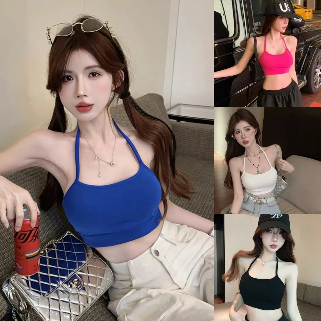 🍓MKL🍓 เสื้อคล้องคอ แฟชั่น สายเดี่ยว ดีเทลสายห้อยคอ มีฟองน้ำในตัวเสื้อผู้หญิง ใส่เที่ยว ออกกำลังกายน่ารักมาก#J524