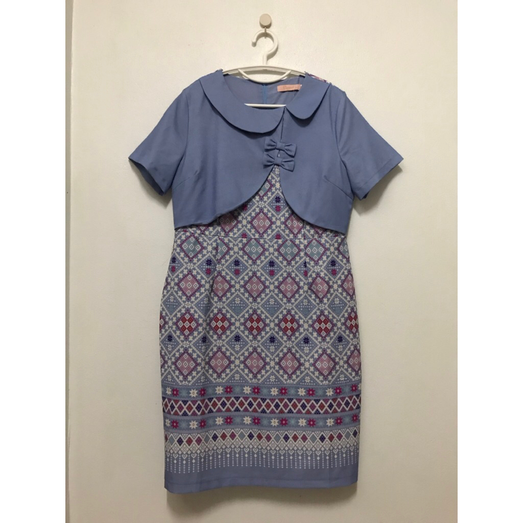 Elgrand เดรสลายผ้าไทย สีฟ้า size XL