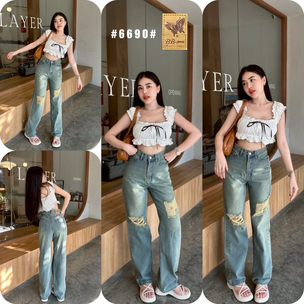 mnv_shop กางเกงยีนส์ขายาว งานวินเทจ ดีเทลแต่งขาดน.