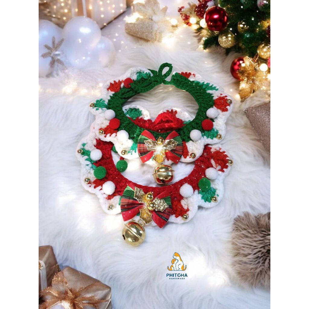 C021 • ปลอกคอแมวคริสต์มาส • (สายผูก) • ปลอกคอถัก ปลอกคอสัตว์เลี้ยง