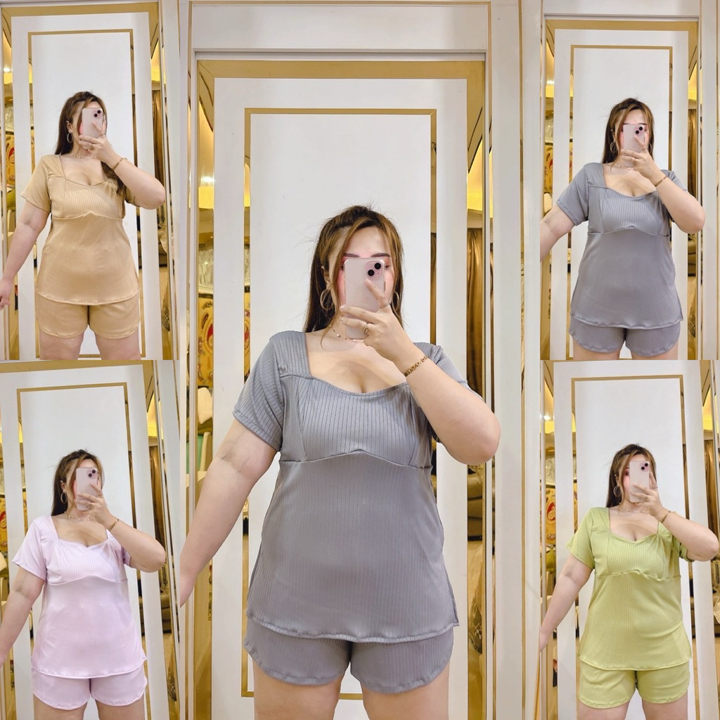 C50-S3S1🌹 เซตคอเหลี่ยมขาสั้น เสื้อ+กางเกง อก38-50 เอว30-44 สะโพก50