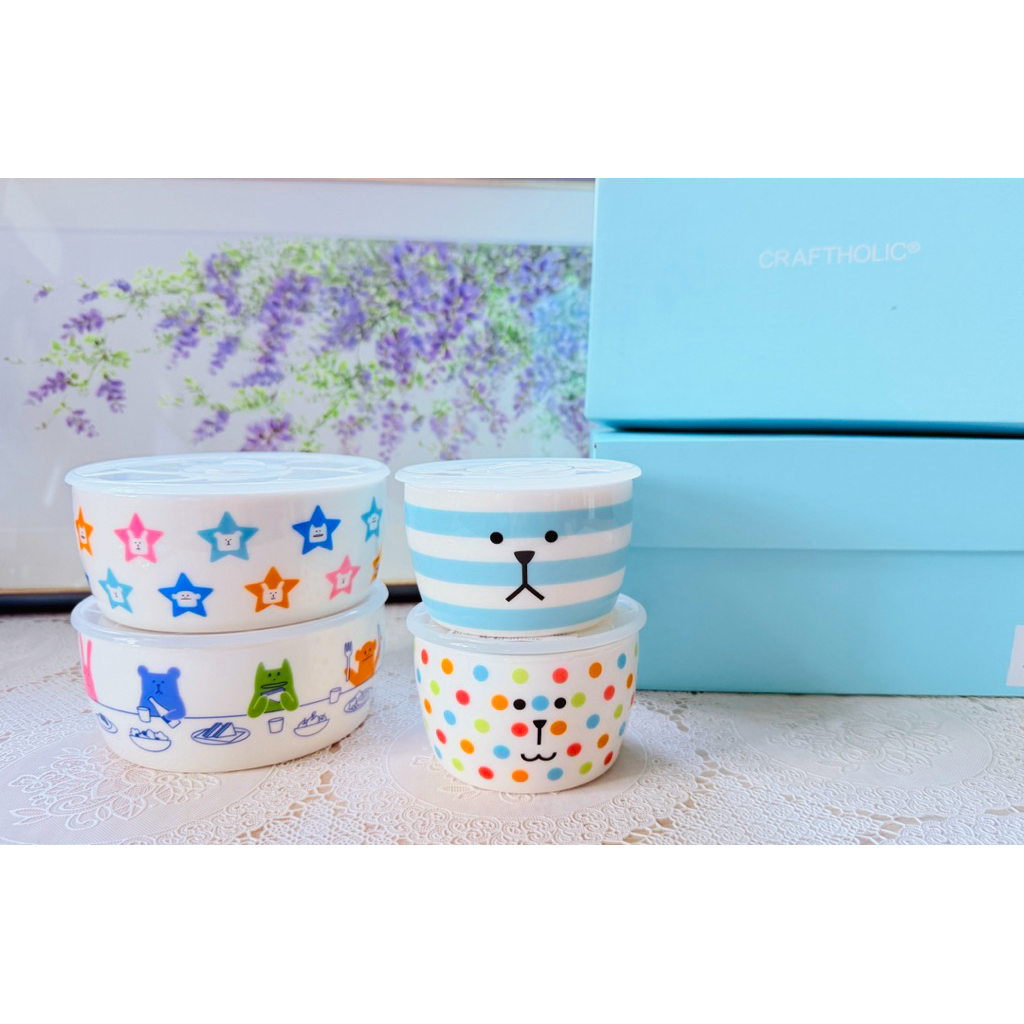 Crafholic ชุดกระปุกเซรามิคถนอมอาหารสูญญากาศ ลายน่ารัก 4 ใบ ทนอุณหภูมิ 125 ถึง -20 องศาเซลเซียส ใหม่ มีกล่อง