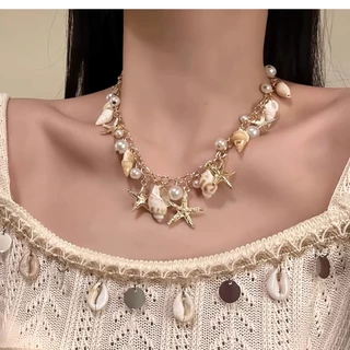 สร้อยคอพร้อมจี้ สร้อยคอแฟชั่น วินเทจ สไตล์โบฮีเมียน✨ ปลาดาว เครื่องประดับมุก ปรับได้ เปลือก พร้อมส่งในไทย🚚