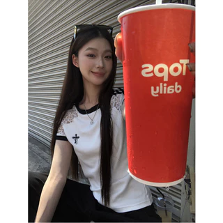 Veewink พร้อมส่งจากกทม เสื้อลูกไม้สีขาวงานปักไม้กางเขน เสื้อยืดสั้นแขนขุดแฟชั่น ผ้านิ่ม สไตล์เกาหลี สินค้านำเข้า