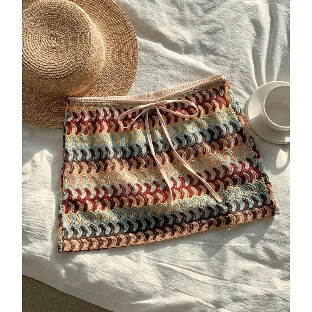 กระโปรงสั้น เอวต่ำ ผู้หญิง สีสันสดใส ลาย ริ้ว สำหรับวันหยุด แบบเบาๆ มีซับใน งานจริงสวยมาก