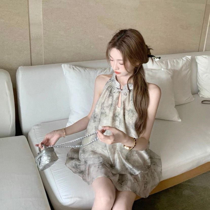(พร้อมส่ง)รุ่น(GMGTL-Grey Qipao Dress05)ชุดเซ็ทแขนกุด ผ้าชีฟอง สีเขียว ทรงเสื้อคอจีน ดีเทลพิมพ์ลายหินอ่อนมีโบว์เล็กที่คอ