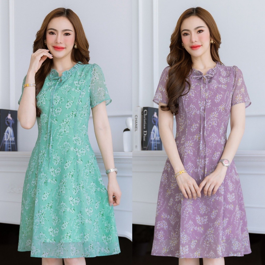 Best seller สีใหม่💚เดรสชีฟองทรงสวยเรียบ สวยคลาสสิคใส่ได้ทุกวัน ผ้าลายดอกแคสเปียสวย มีดีเทลจับจีบช่วงคอผูกโบว์