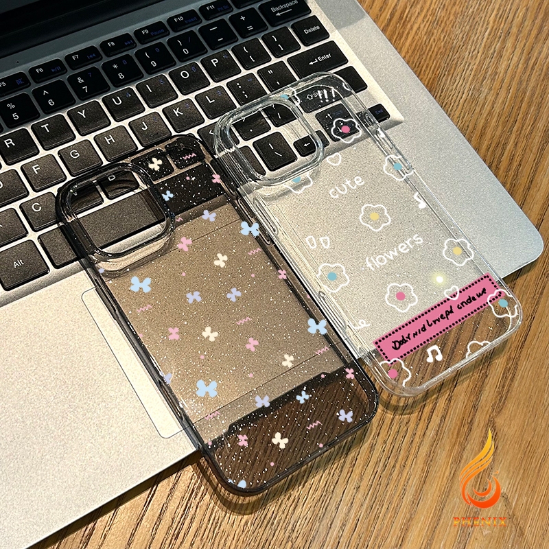 สำหรับ iphone 16 เคสใสแบบแวววาว TPU นุ่มสีสันสดใส ผีเสื้อและดอกไม้ที่สวยงาม iPhone 11 15 14 13 12 Promax XS XR 78Plus