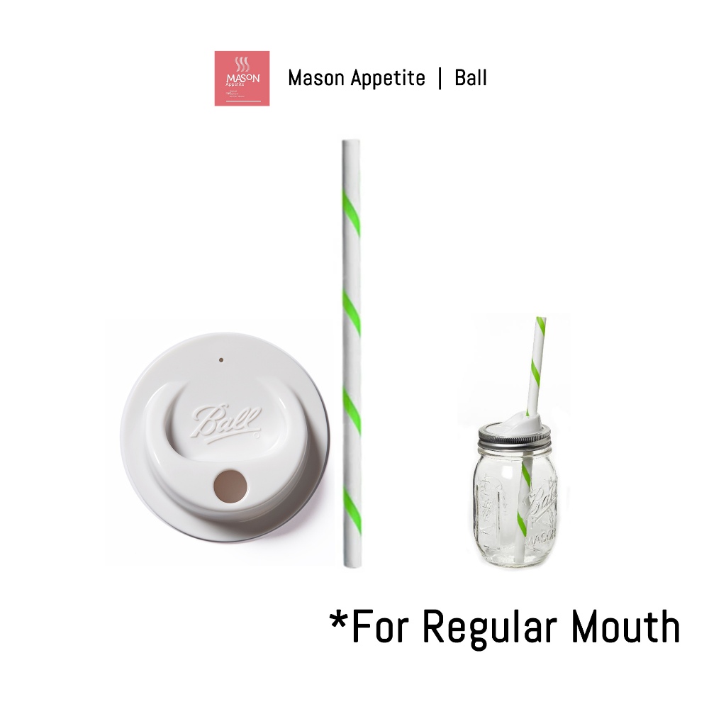 Ball 15000 Mason Jar SIP&STRAW Lids Regular Mouth 2.5" ฝาปิด 2.5 นิ้ว พร้อมหลอด ฝาพลาสติก สีขาว สำหรับขวดโหลแก้วบอลล์