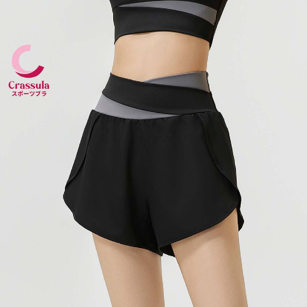 Crassula แท้ กางเกงโยคะขาสั้นสำหรับผู้หญิง ดีไซน์ 2 ชั้น สีทูโทน ขนาด S – XXL มีกระเป๋าใส่มือถือ